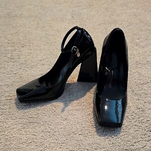 Black Patent Triangle Chunky Heel Leather Women's Shoes Sz 39.5